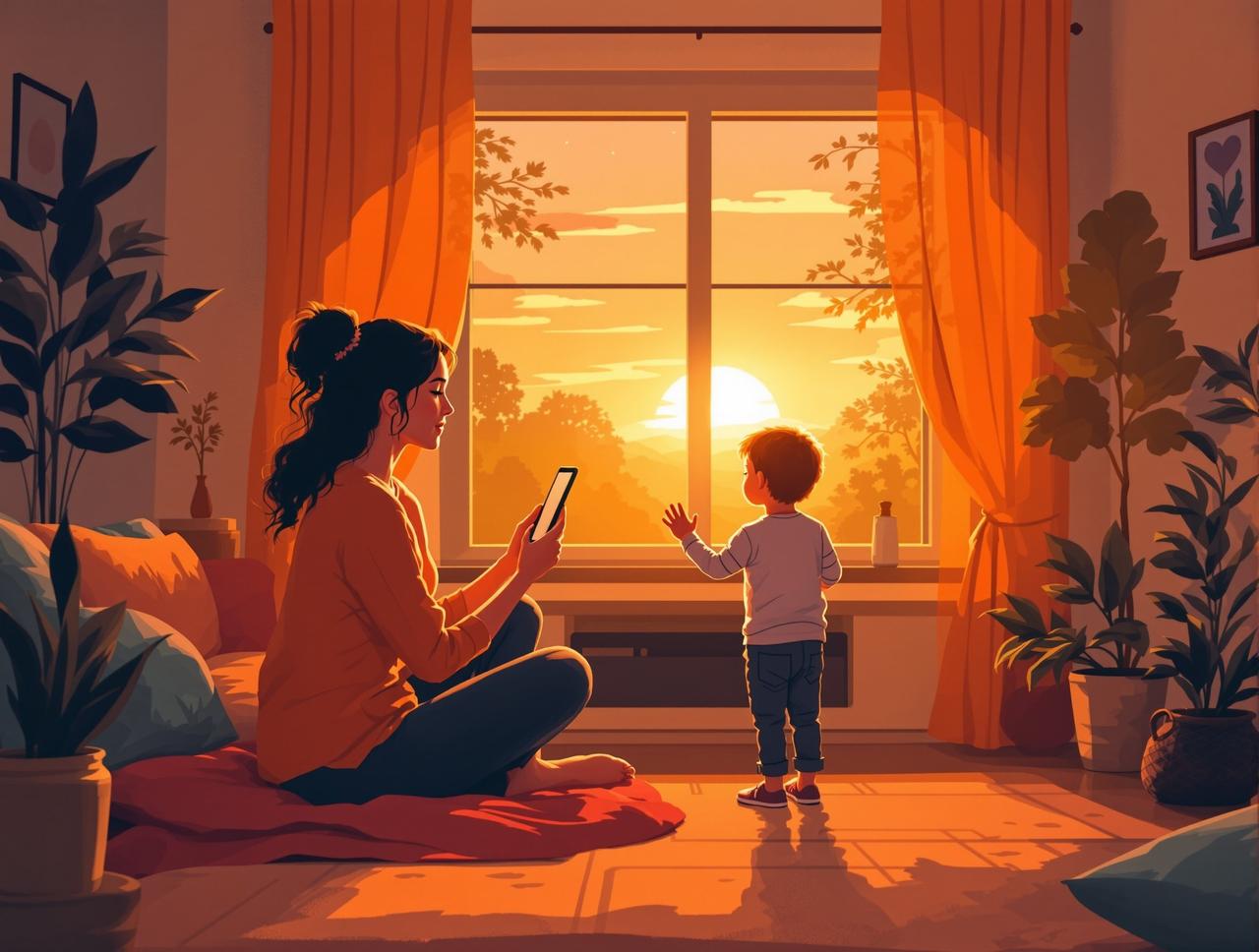 短剧大全品牌故事 - 创始人李晨曦与孩子一起观看动画片的温暖时刻
